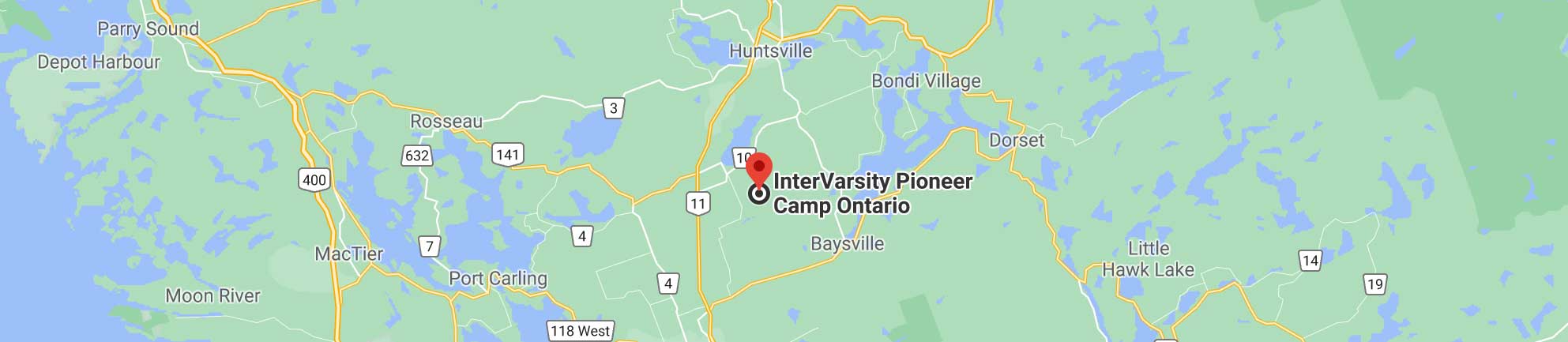 Pioneer Camp Ontario's location indicated on a map. Links to Google maps directions.
