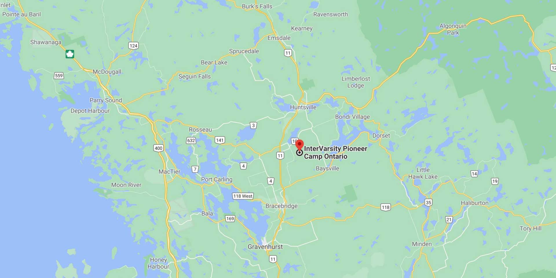 A map with Pioneer Camp Ontario's location indicated. Links to Google maps directions.